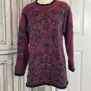 Hand Knitted, Embroidered, Beaded Sweater by Jennifer Reed.  Burgundy& Black.
